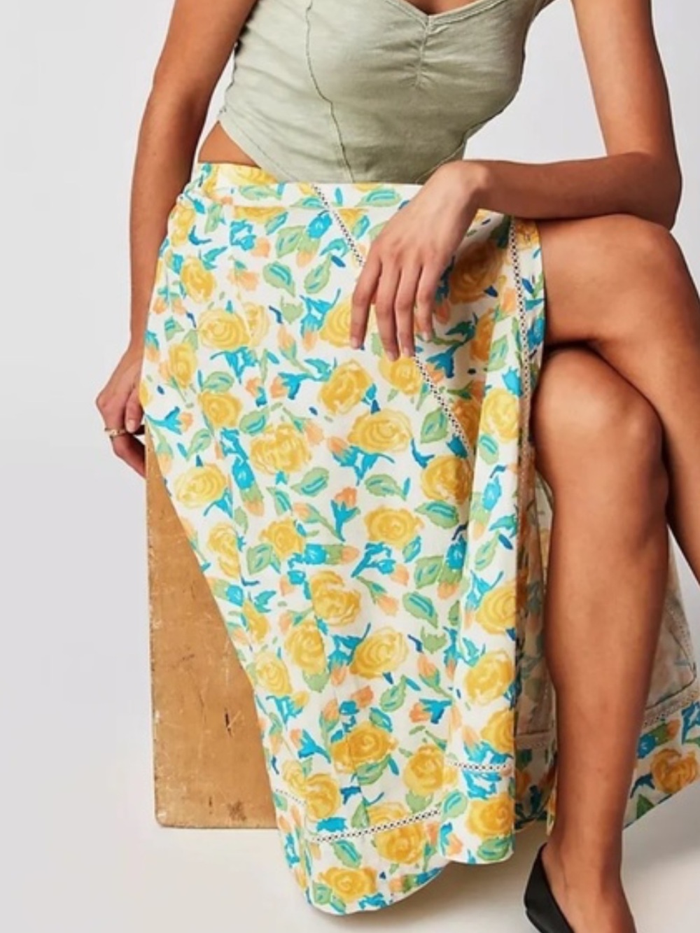 Free People SPELl Yellow Floral Maxi Skirt with Teal Accents